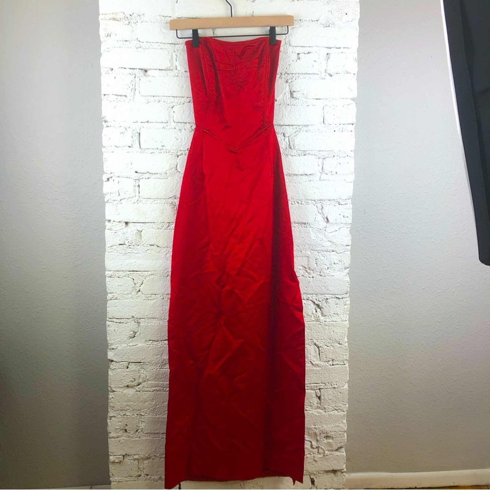 Vintage Red Metallic Strapless Corset Back Maxi Dress